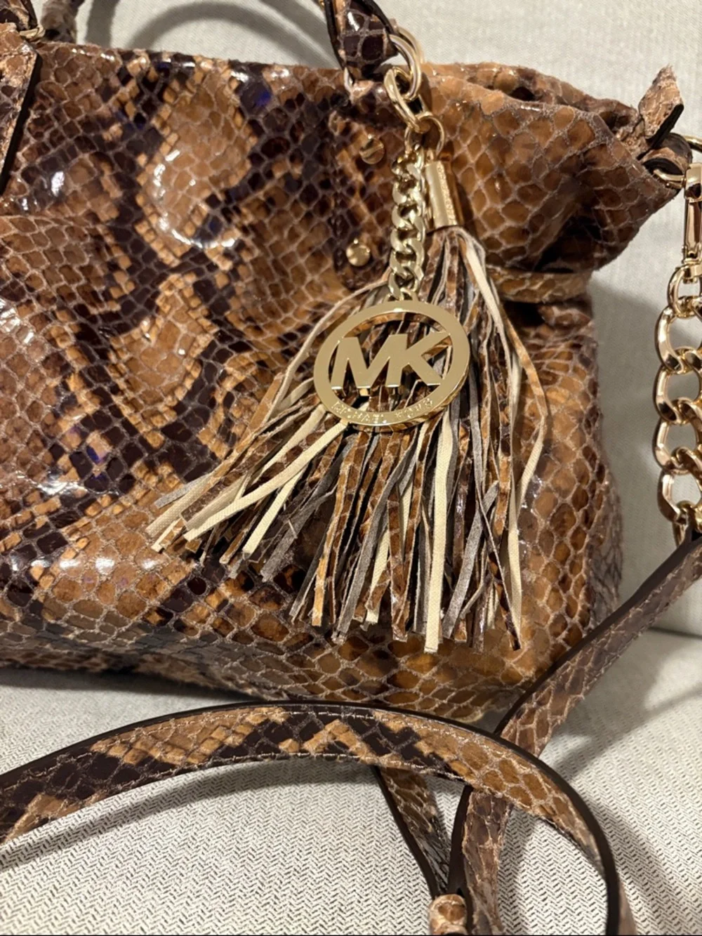 Michael Kors Brown Snake-Print Shoulder Bag with Tassel Charm
